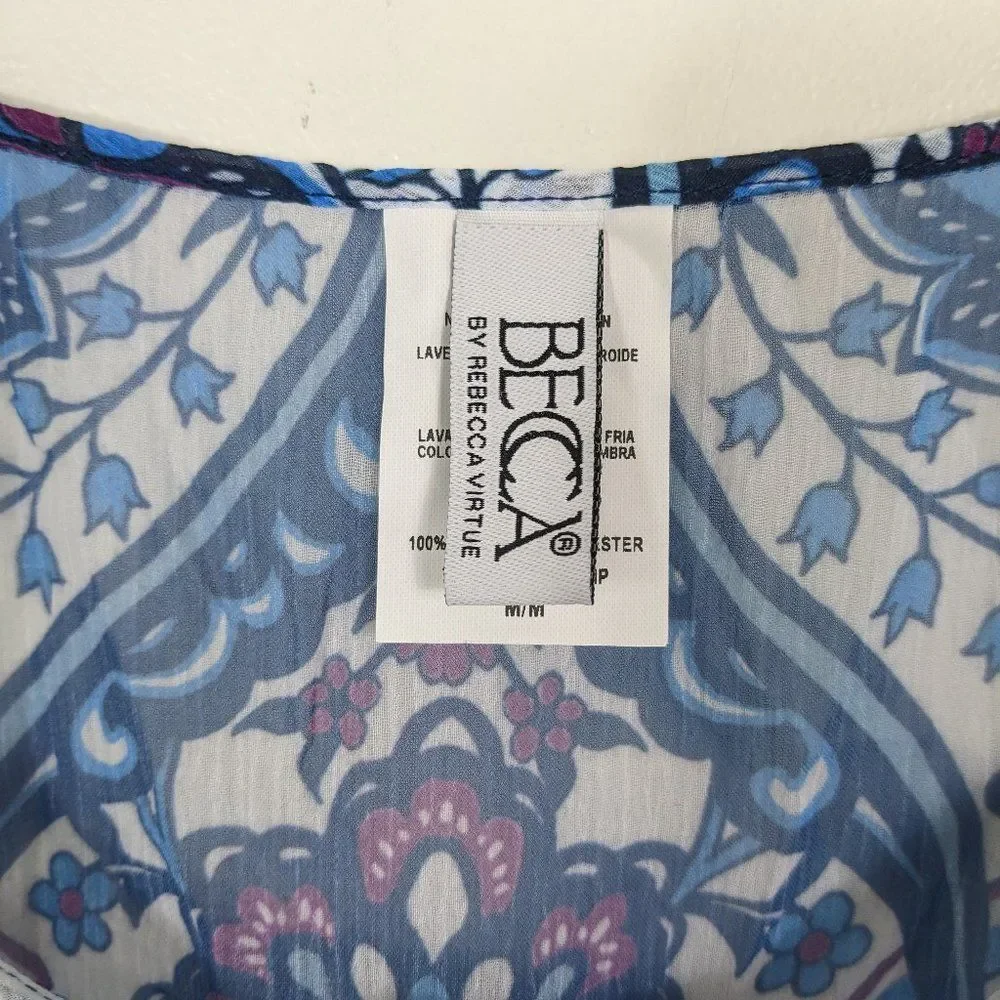 Becca by Rebecca Virtue Swimsuit Cover-Up Blue White Sheer Lotus Flower Medium